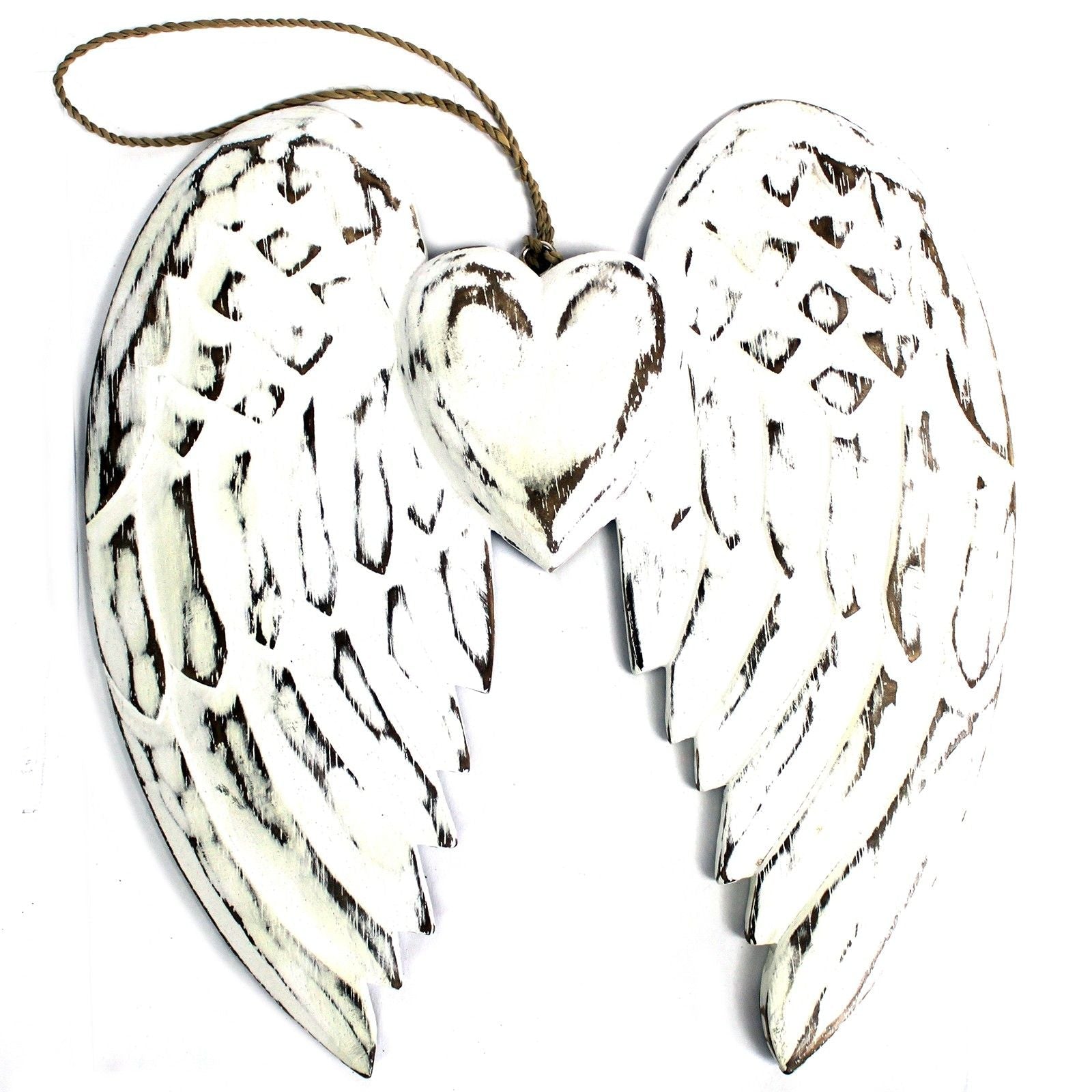 Hand carved distressed feather angel wings with heart, white-washed albesia wood wall decor, 24cm