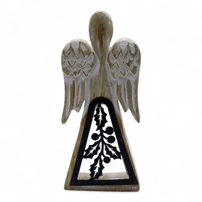 Whitewashed hand-carved mango wood angel figurine, 18cm tall, with iron holly cut-out detail