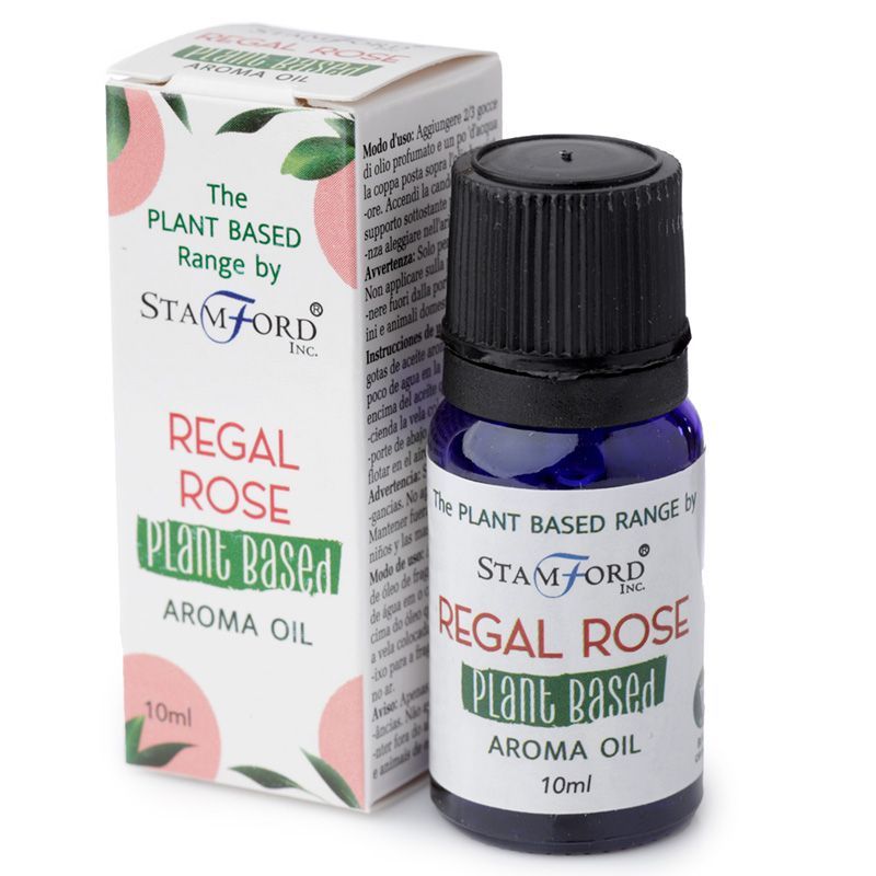 Bottle of plant based Regal Rose aroma oil for diffusers and home fragrance, featuring a rich floral rose scent