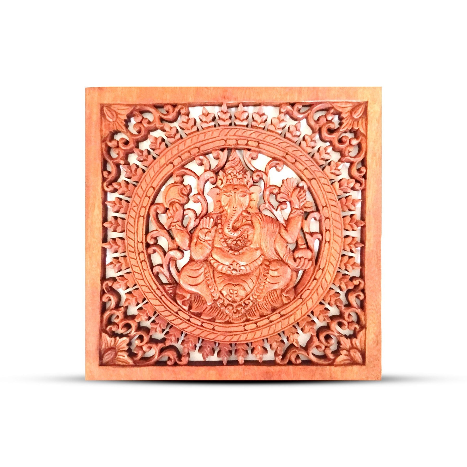 Hand-carved Buddha and Ganesh wooden wall panel, 40x40 cm square, Indonesian artisan decor in natural wood
