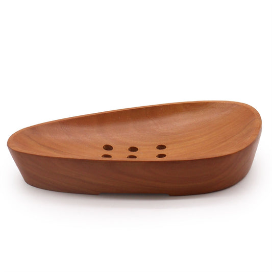 Handcrafted naseberry wood mahogany soap dish, pebble shape with drainage slots, 12x6 cm bathroom accessory