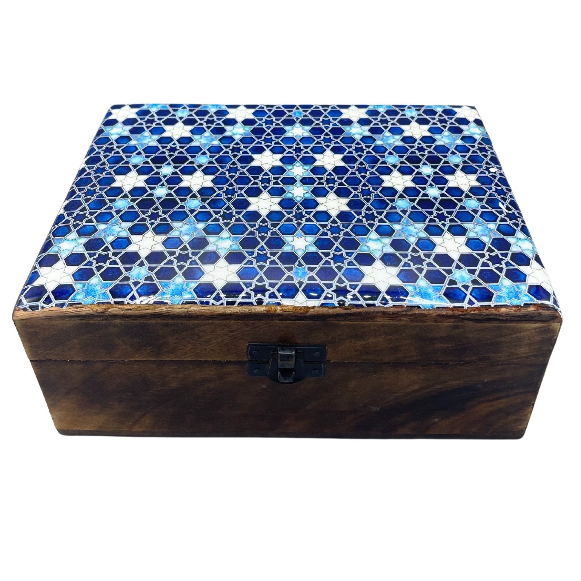 Large mango wood storage box with glazed ceramic lid featuring blue stars, 20x15x7.5cm