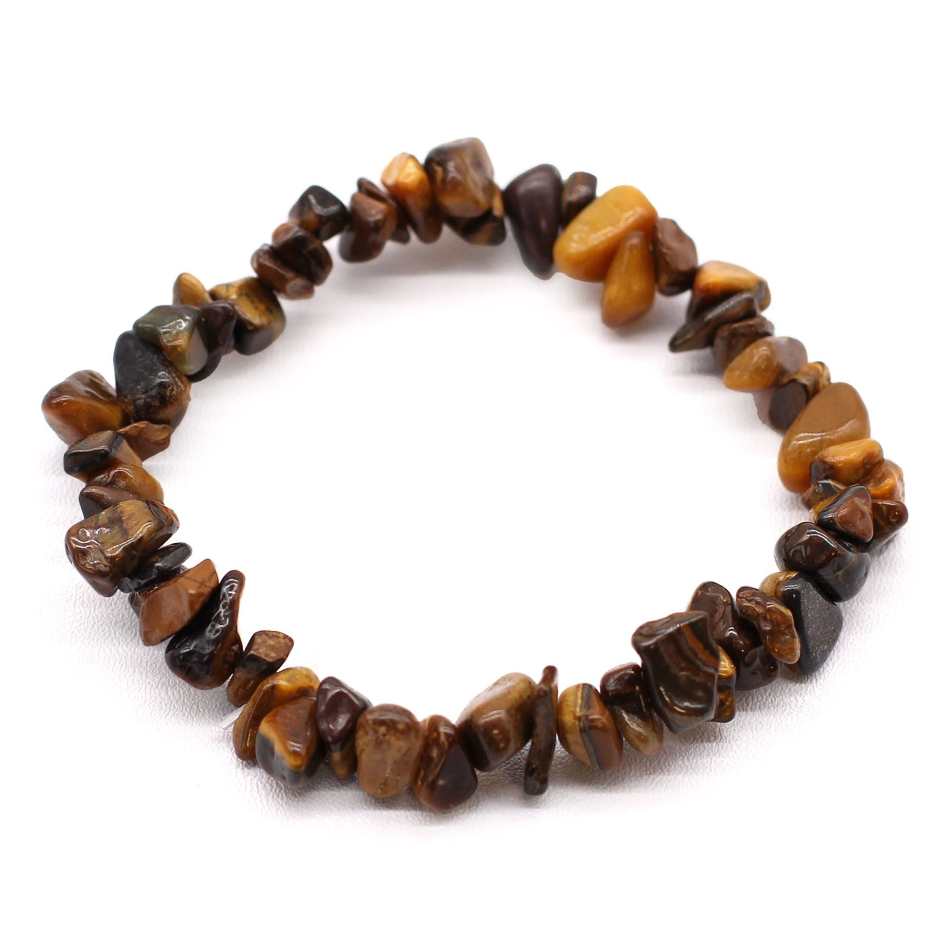 Pulsera chipstone de ojo de tigre de piedra natural con tonos dorado-marrón y acabado brillante, ajuste elástico