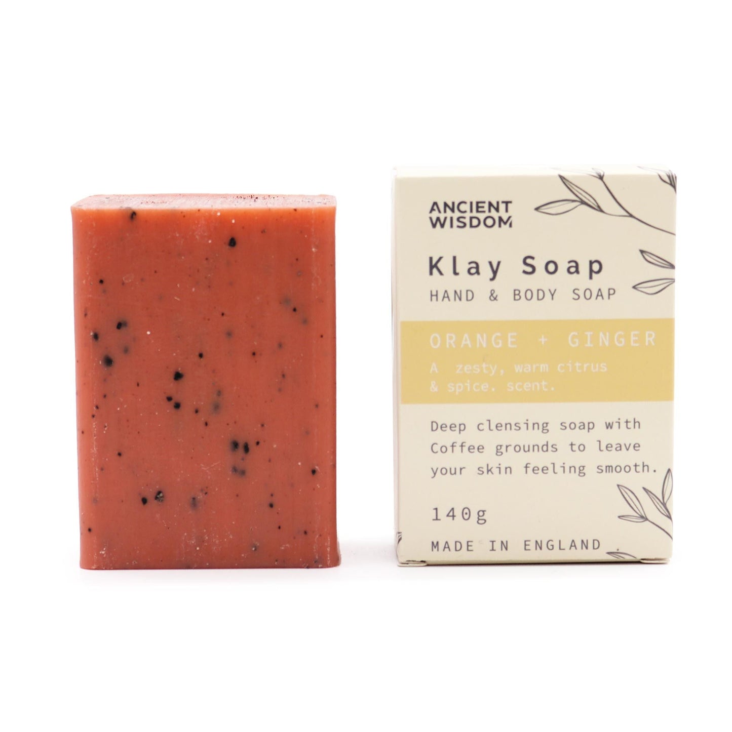 Yellow clay exfoliating soap bar 145g with coffee grounds, orange and ginger scent, natural detoxifying cleansing soap