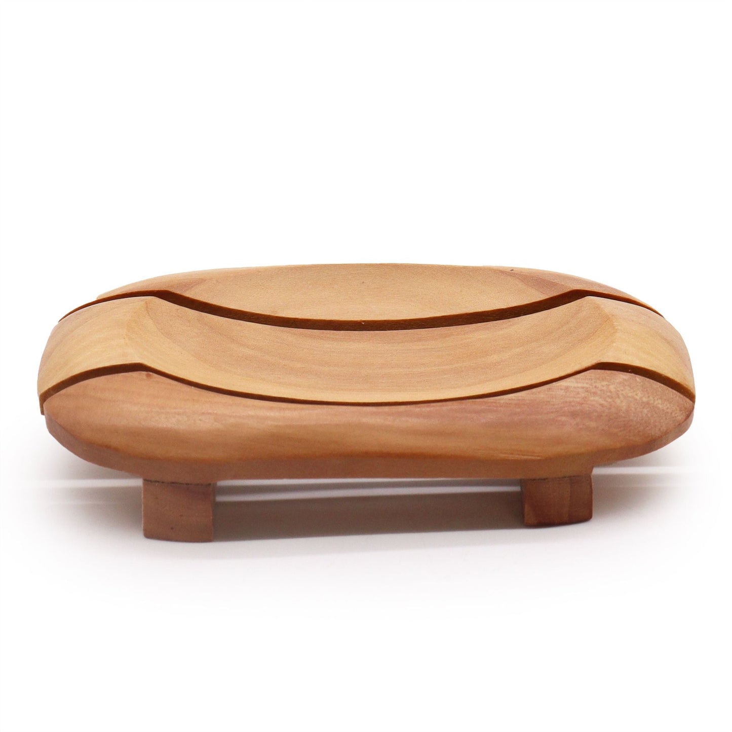 Handcrafted Naseberry wood soap dish, oval insert in rectangular frame with drainage slots, 13x9x2 cm