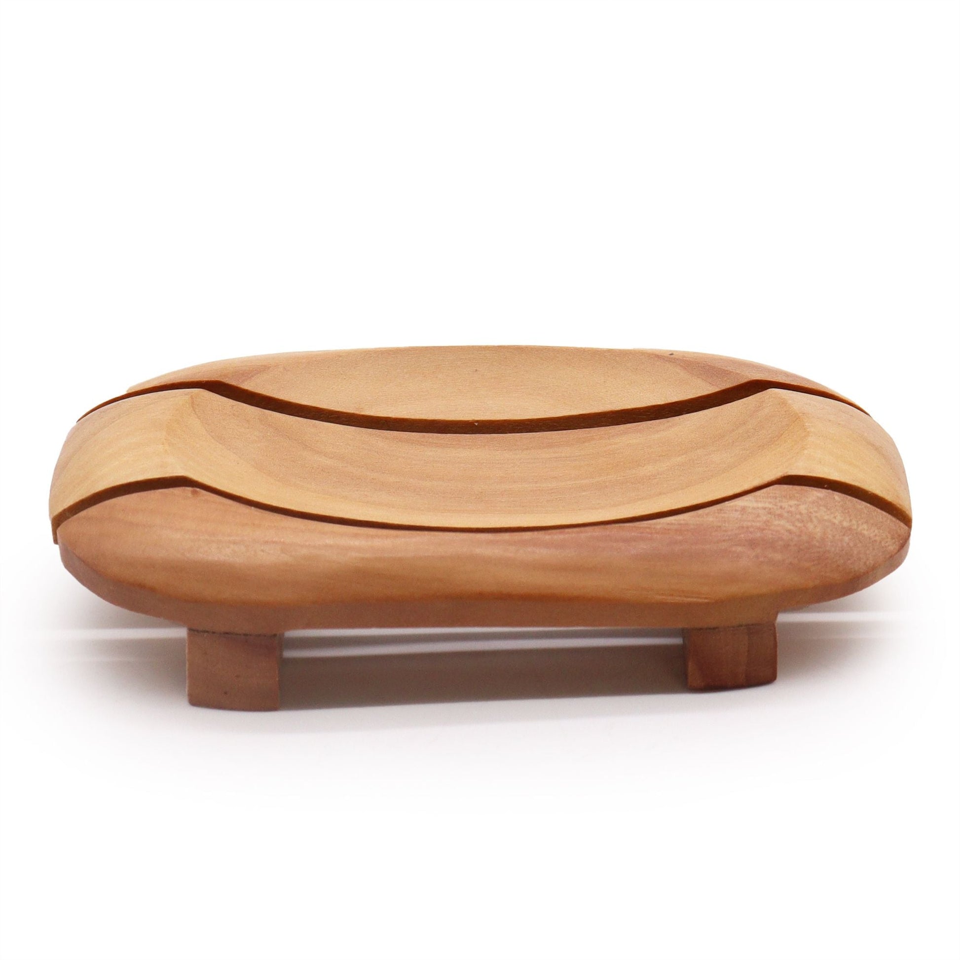 Handcrafted Naseberry wood soap dish, oval insert in rectangular frame with drainage slots, 13x9x2 cm