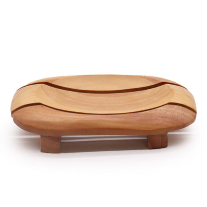 Handcrafted Naseberry wood soap dish, oval insert in rectangular frame with drainage slots, 13x9x2 cm