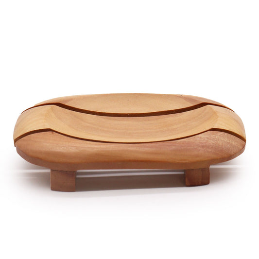 Handcrafted Naseberry wood soap dish, oval insert in rectangular frame with drainage slots, 13x9x2 cm