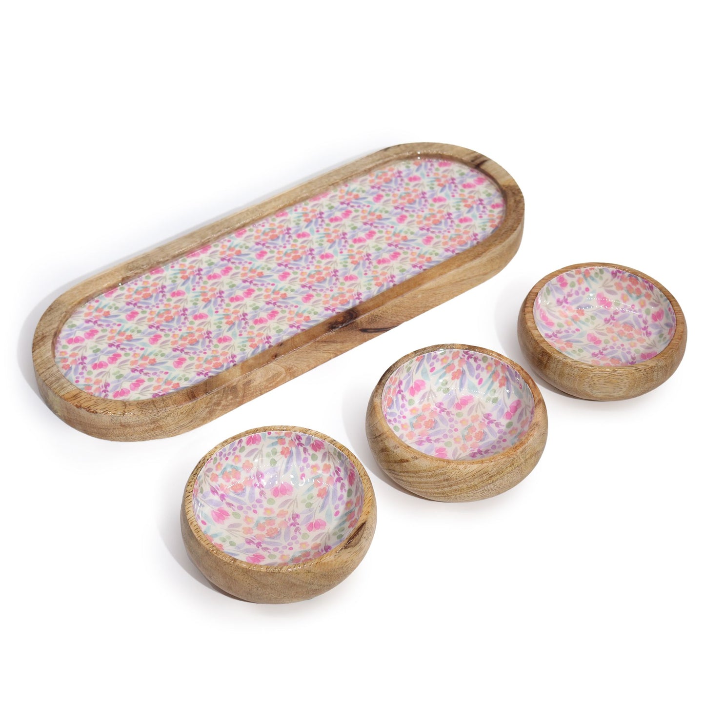 Mango Wood Tray with 3 Bowls – Pretty Floral