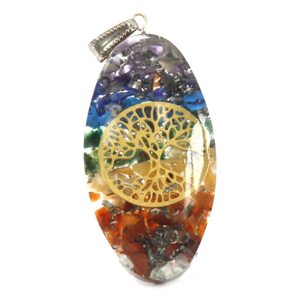 Oval 7 chakra orgonite pendant with tree design, resin mixed metals and gemstones, spiritual protection necklace