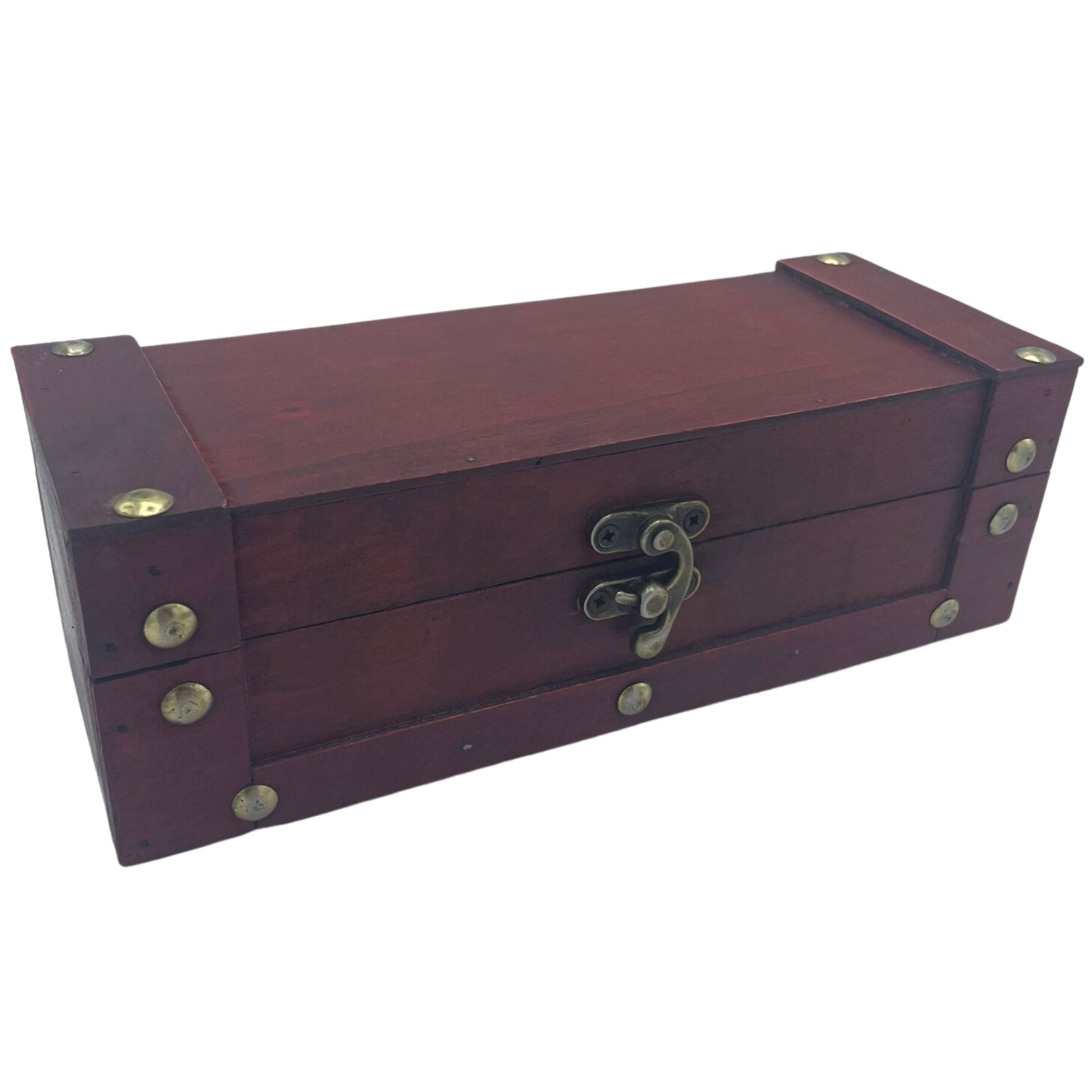Tan long tea chest storage box in vintage colonial style, MDF and metal, 21.5x8.5x7 cm