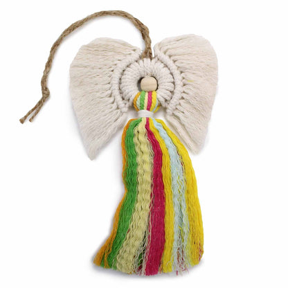 Handwoven rainbow macramé angel charm in gift box, made from Indonesian cotton, 22 x 14 cm