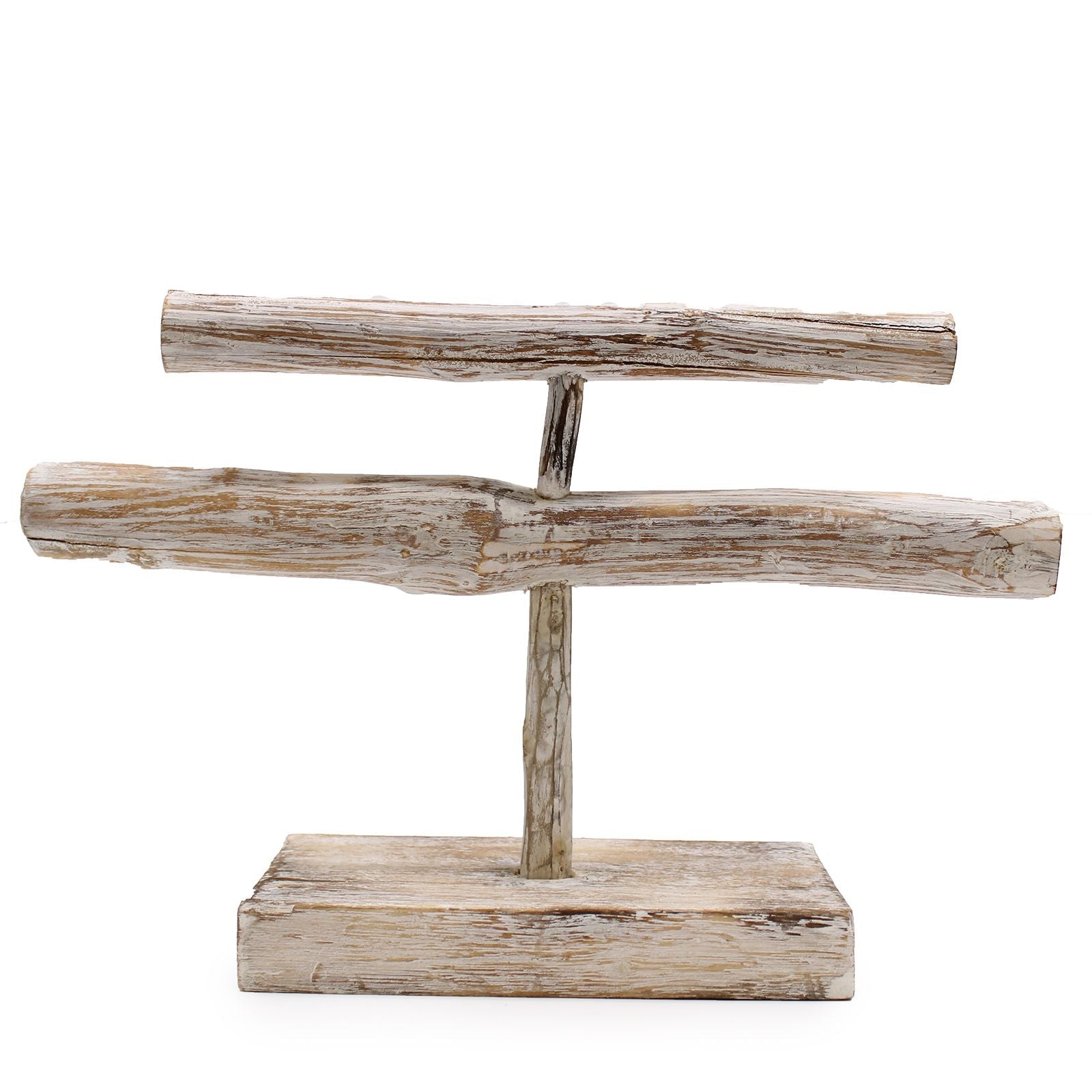 Whitewash Albasia wood jewelry stand with double branch design, 37x22.5 cm, rustic necklace and bracelet organizer