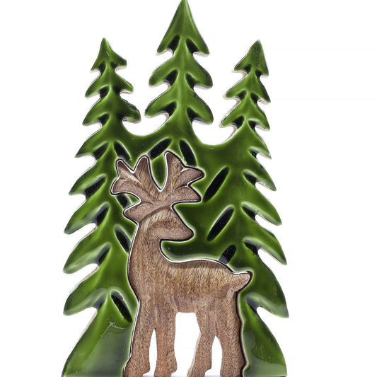 3D mango wood and green enamel stag in the forest decoration with pine trees, handcrafted in India, 25x15cm