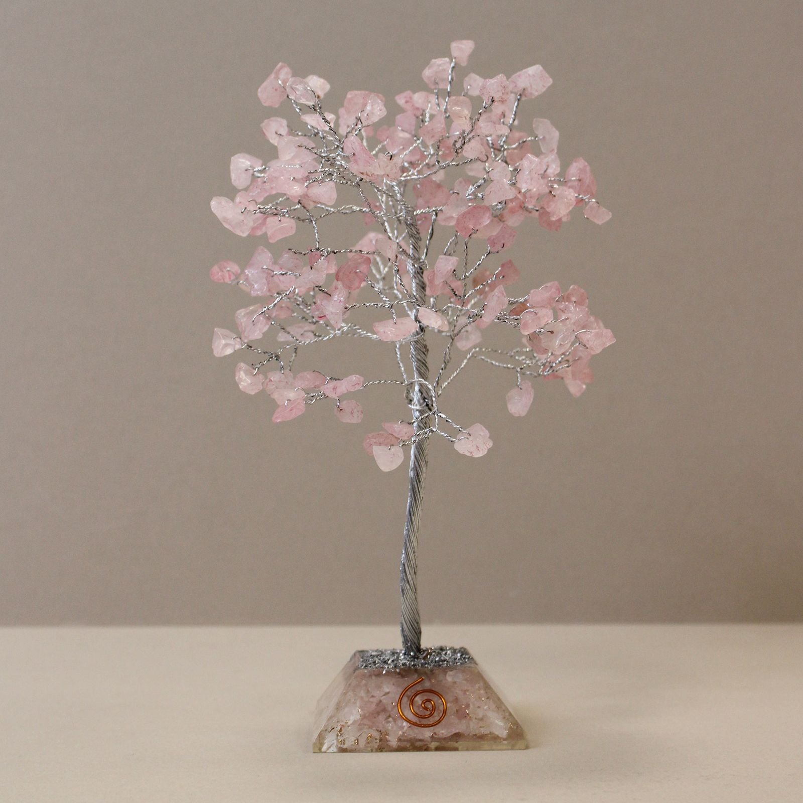 Rose quartz gemstone tree with 160 stones on orgonite base, 17 cm handcrafted crystal decor for home or office