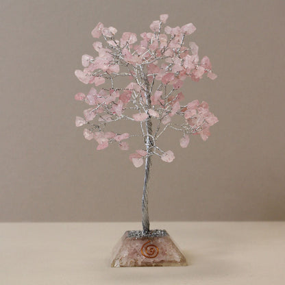 Rose quartz gemstone tree with 160 stones on orgonite base, 17 cm handcrafted crystal decor for home or office