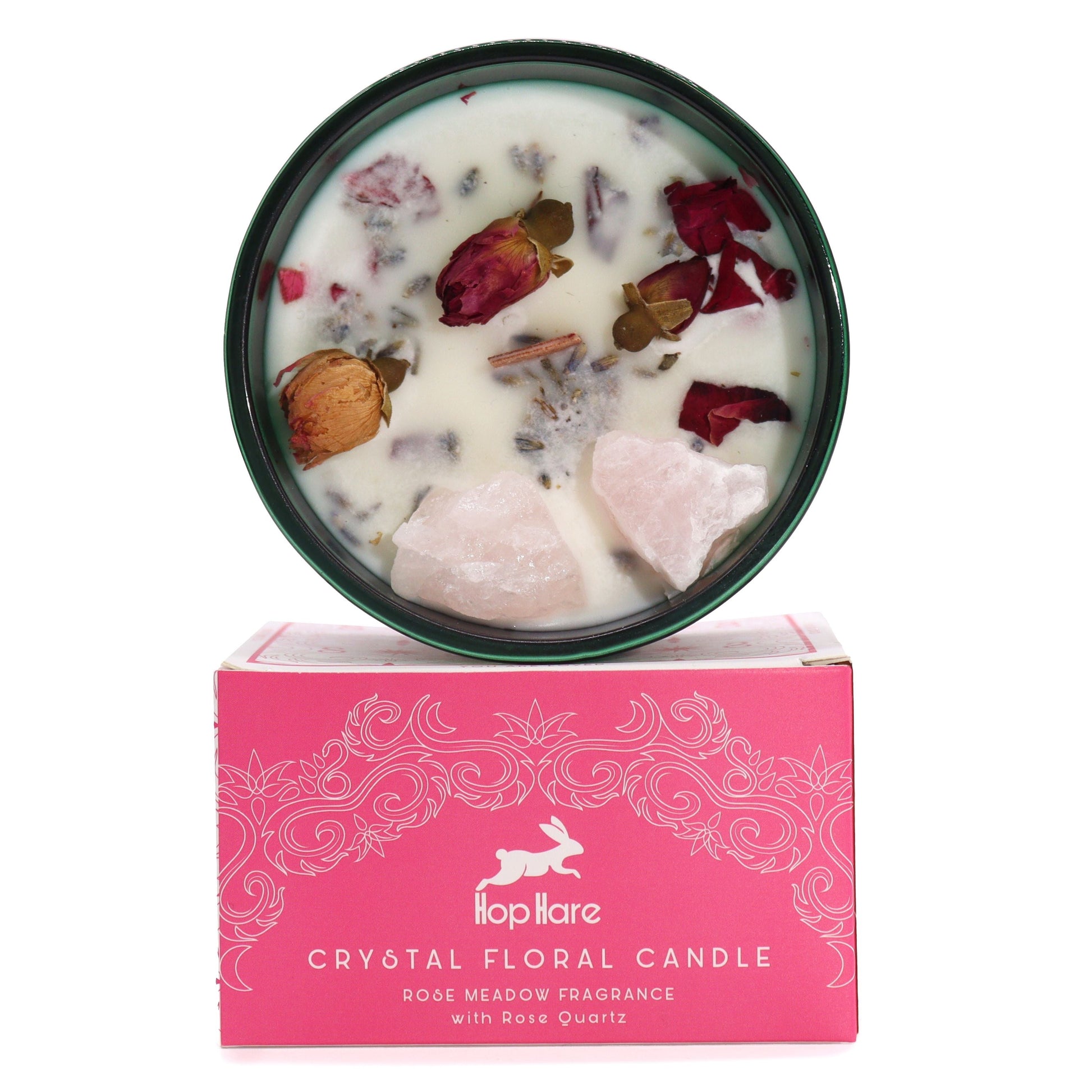 The Lovers crystal magic flower candle in deep green glass with wooden wick, dried flowers and rose quartz gemstone