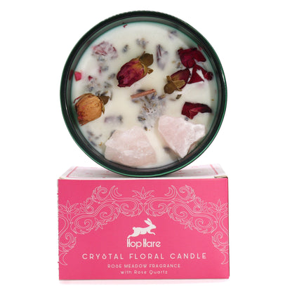 The Lovers crystal magic flower candle in deep green glass with wooden wick, dried flowers and rose quartz gemstone