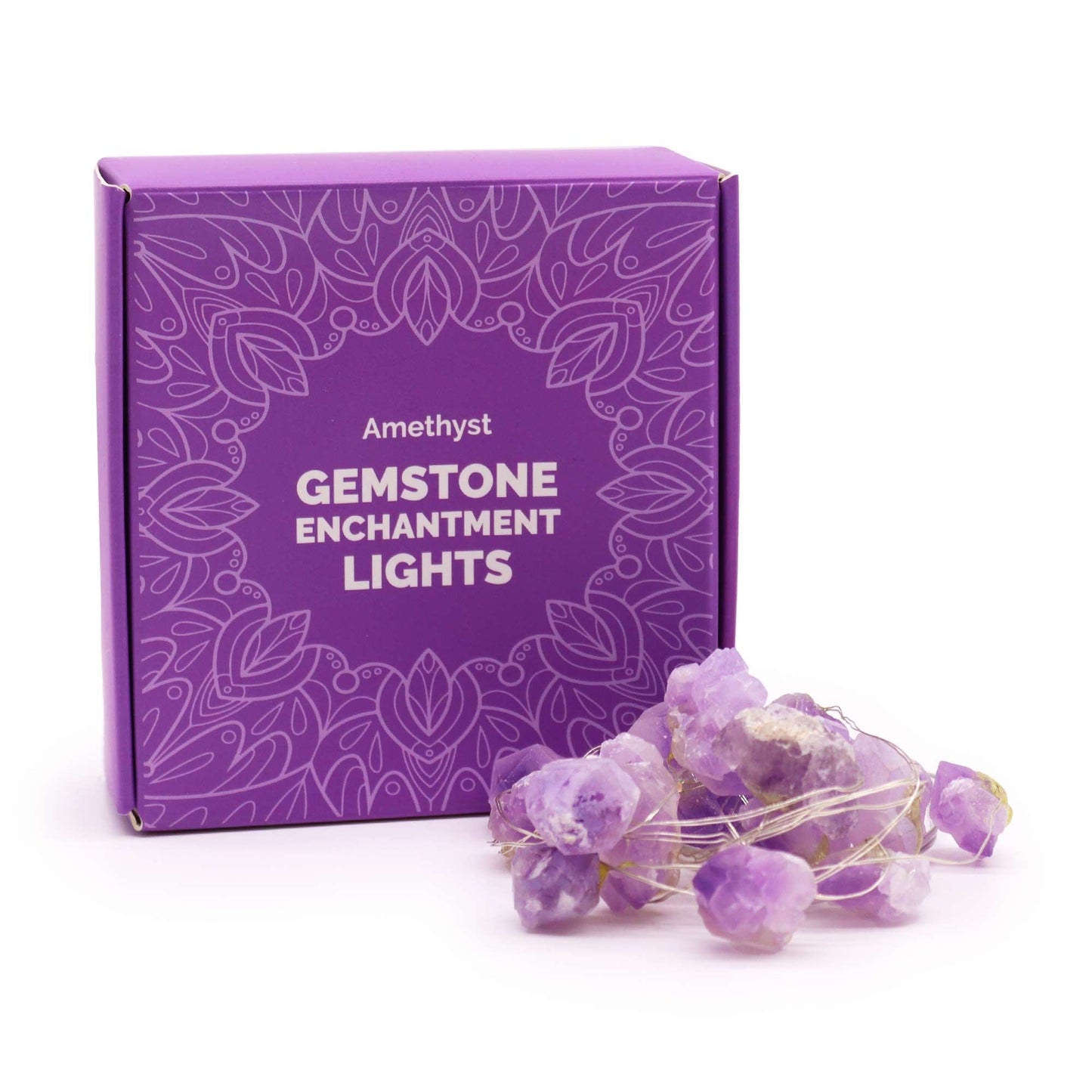 Amethyst gemstone string lights with warm white LEDs, decorative crystal garland for bedroom, meditation space and shelves