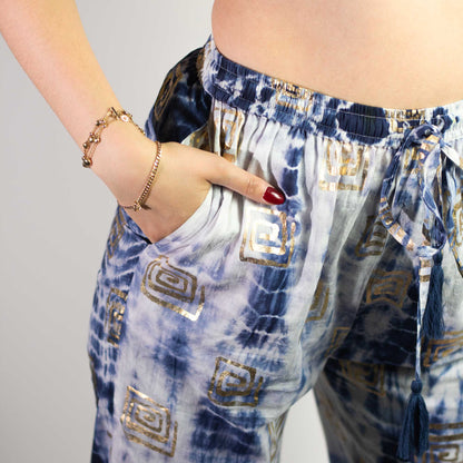(L/XL) Nomad Sari On the Med Collection – Lounge Pants – Gold & Blue Greek Motif – Handpainted