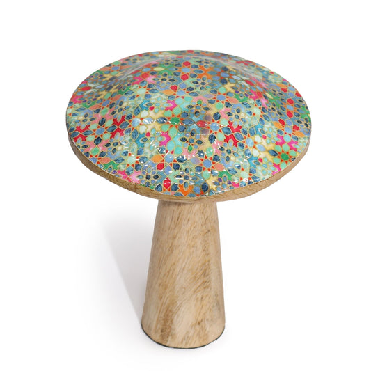 Medium 15cm wooden mushroom ornament with vibrant Mediterranean tile pattern, ideal for nature-themed layered décor