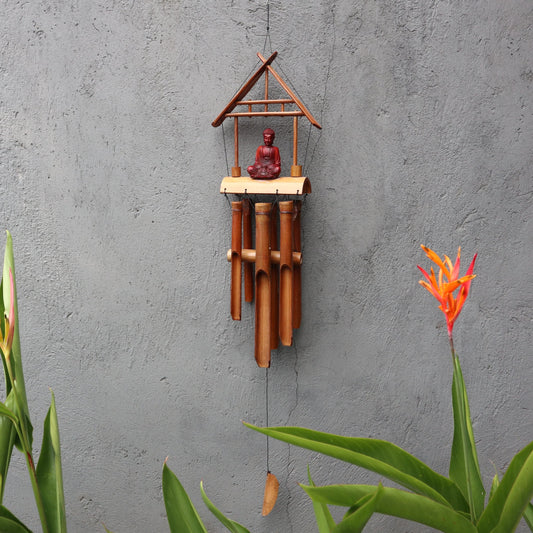 Bamboo windchime in natural finish with Brown Buddha accent and 6 hanging tubes for outdoor patio or garden decor