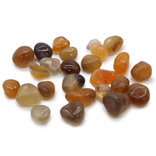 24-piece set of polished carnelian agate tumble stones in warm orange-red hues, small natural gemstones from Mozambique