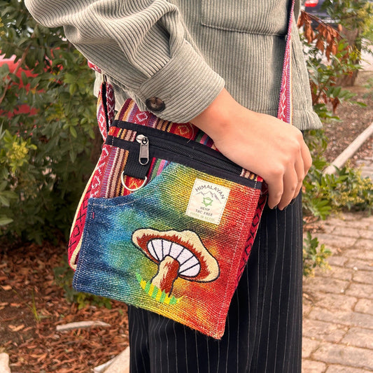 Hemp & Cotton Embroidered Party Bag – Orange Mushrooms