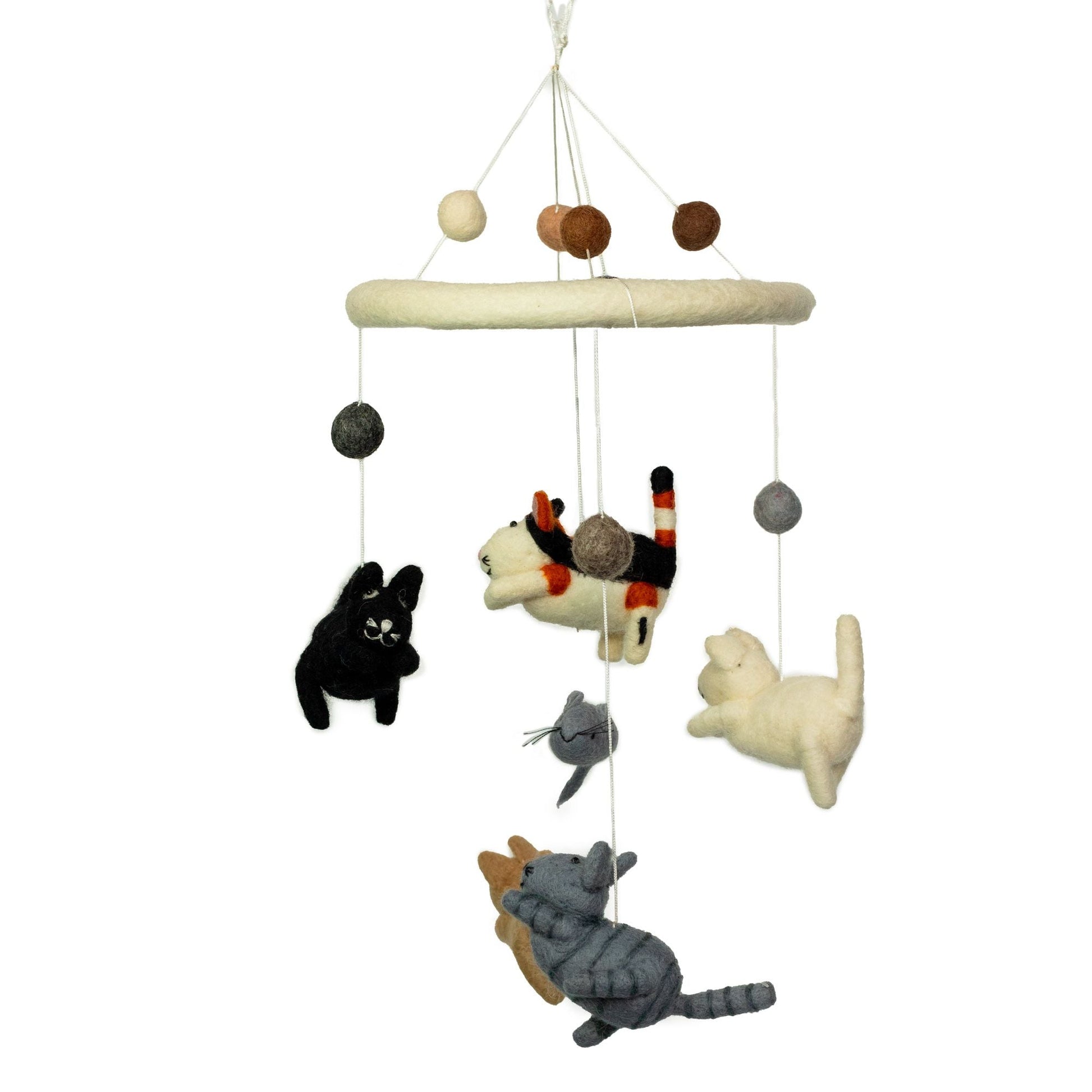 Handmade felt nursery mobile with a cat and mice hanging figures, soft neutral decor for crib or baby room