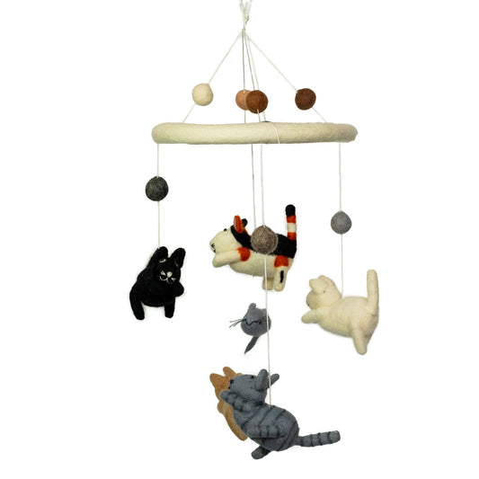 Handmade felt nursery mobile with a cat and mice hanging figures, soft neutral decor for crib or baby room
