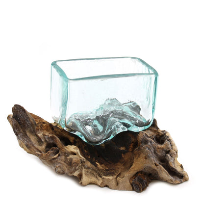 Handcrafted small molten recycled glass bowl shaped on Balinese Gamal wood stand, clear glass with natural wood base