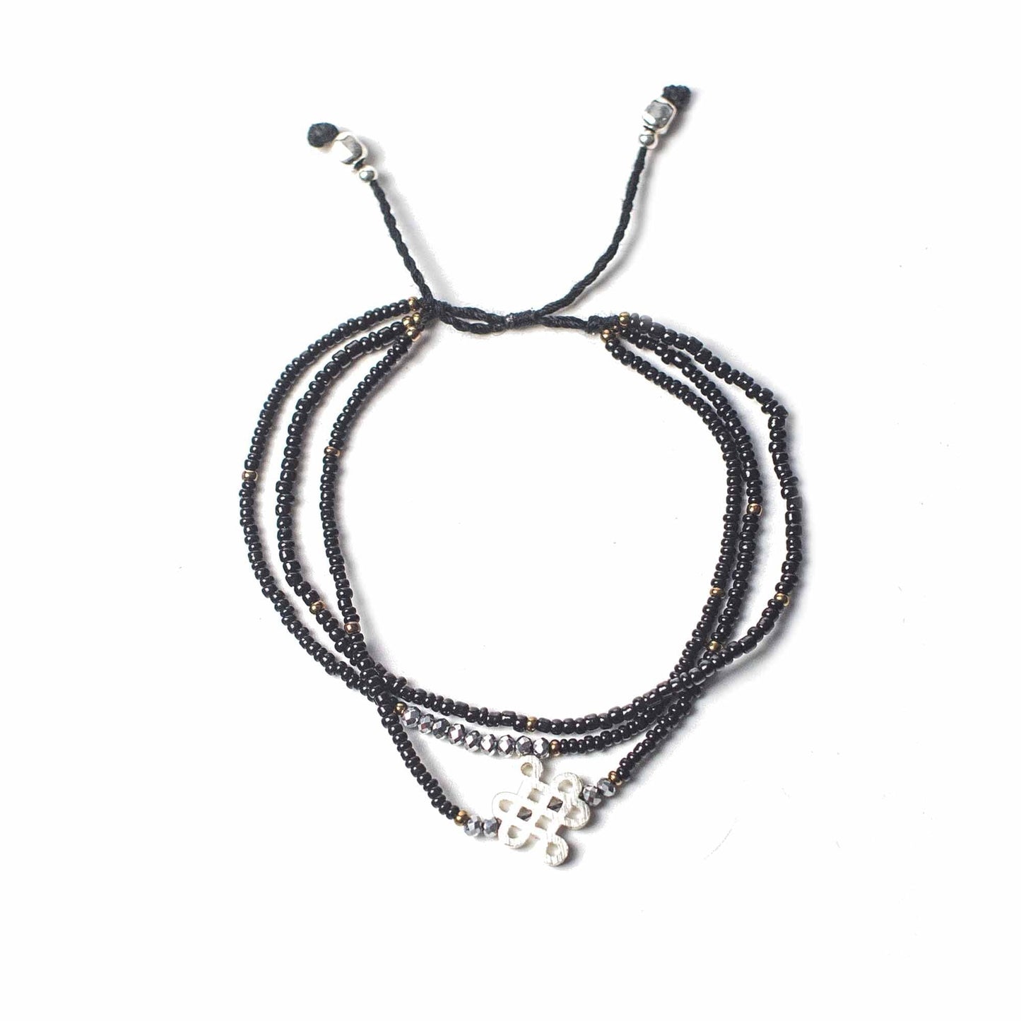 Black endless knot temple string bracelet with metal charm and beads, adjustable unisex spiritual grounding jewelry