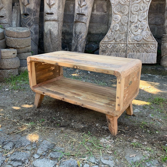 Mesa de centro redonda pequeña de teca reciclada hecha a mano, 81x49x41 cm, estilo artesanal de Bali