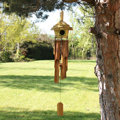 Seagrass and bamboo bird house with hanging wind chimes, natural rustic garden decor, 45x17 cm