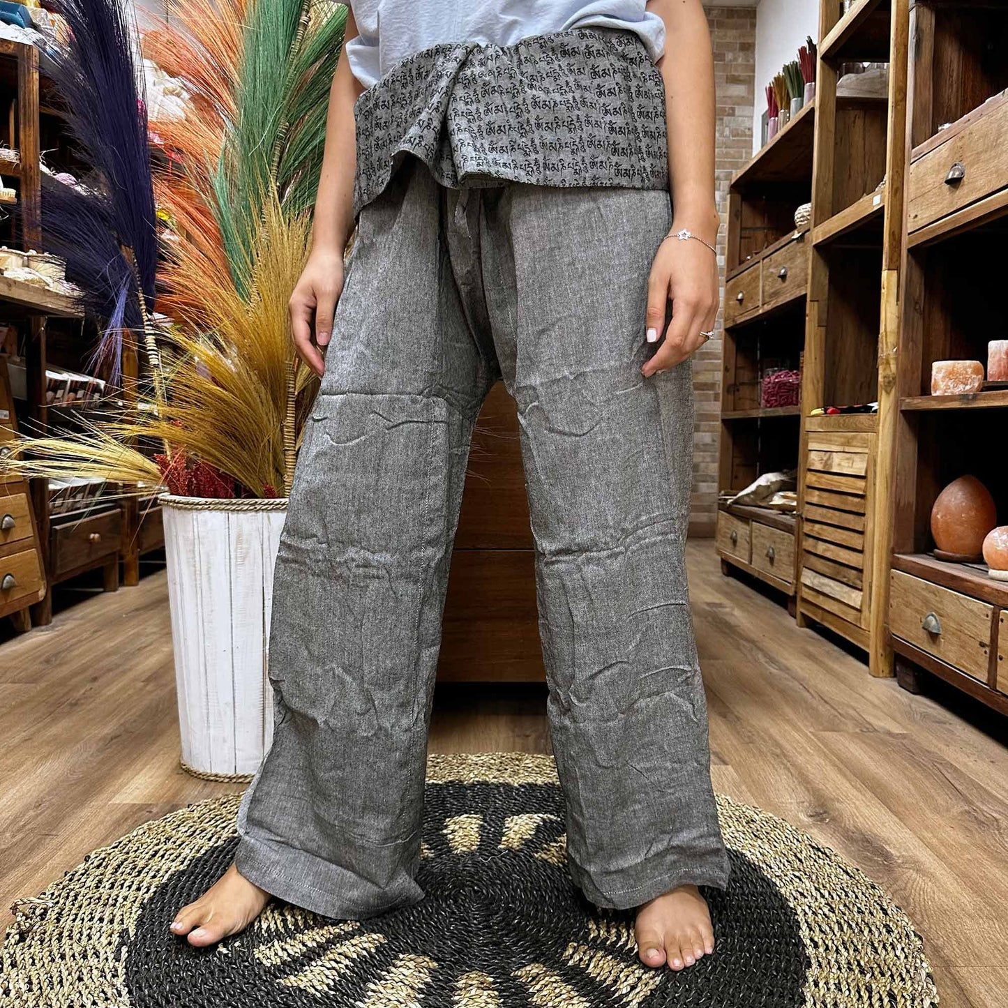 Yoga and Festival Pants – Thai Fisherman Mandala Mantra on Grey