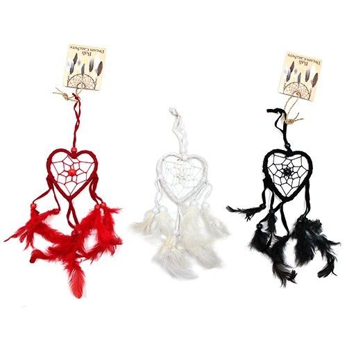Small heart Bali dream catcher, 22 cm, synthetic suede with feathers and plastic beads in black, white and red