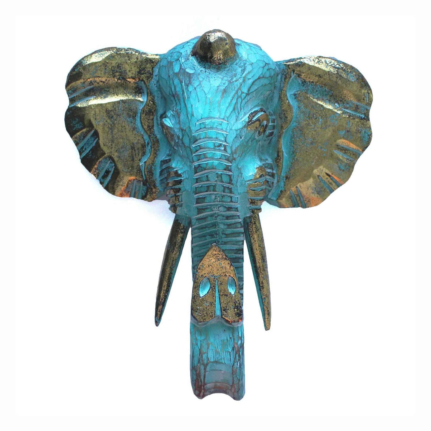 Large gold and turquoise elephant head wall decor mounted on a wall