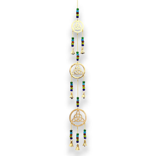 Brass Celtic drop wind chime with 7 bells and glass beads, handcrafted Indian hanging chimes, 6x64 cm