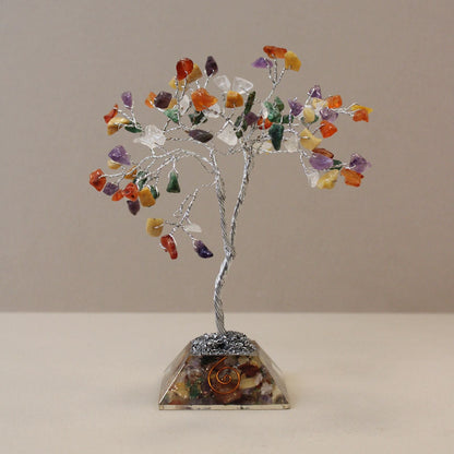 Multicolor gemstone tree sculpture with 80 chipstones on orgonite resin base, 15 cm tall metal wire decor