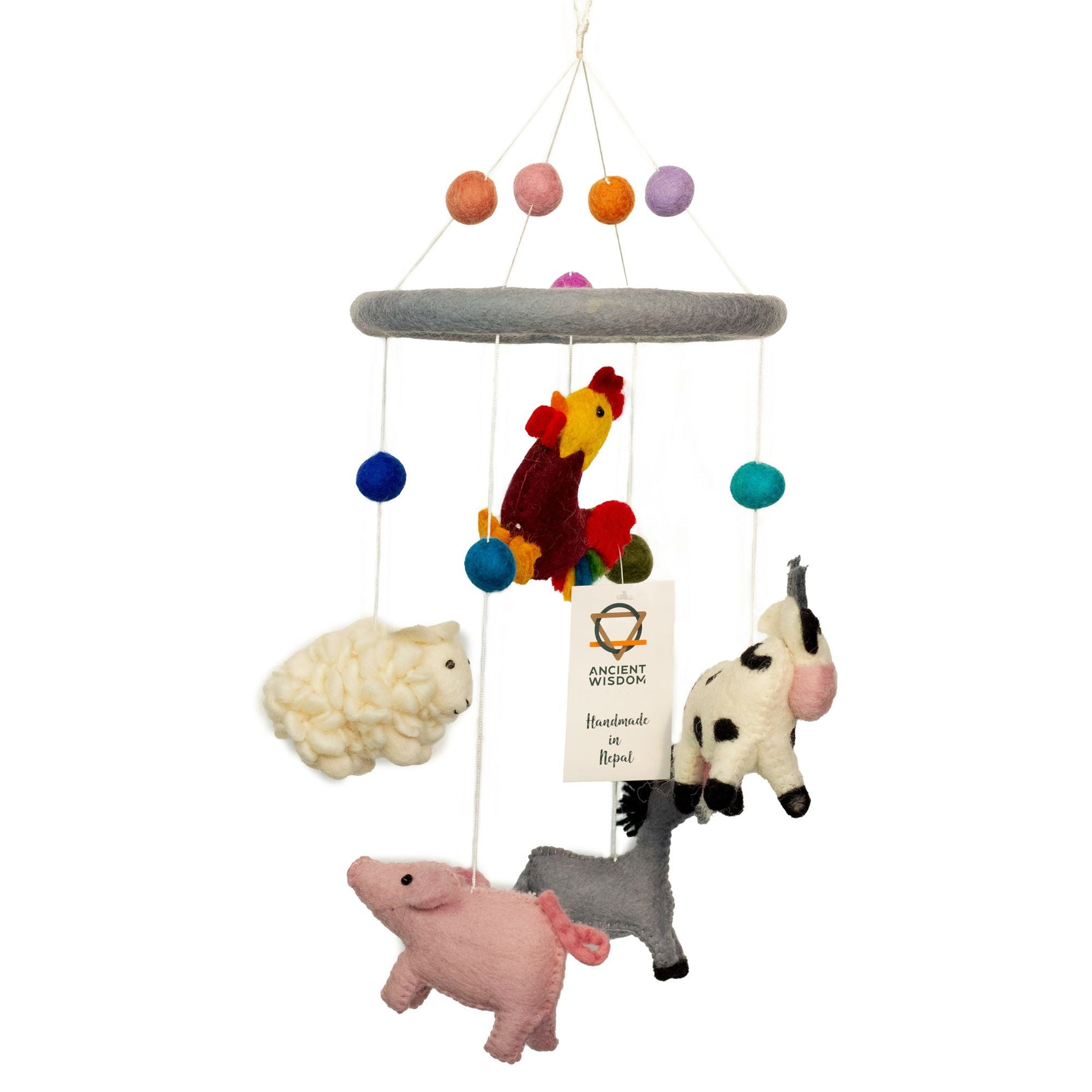 Handmade felt nursery mobile featuring farm animals, soft neutral colors, and hanging figures for crib or nursery decor