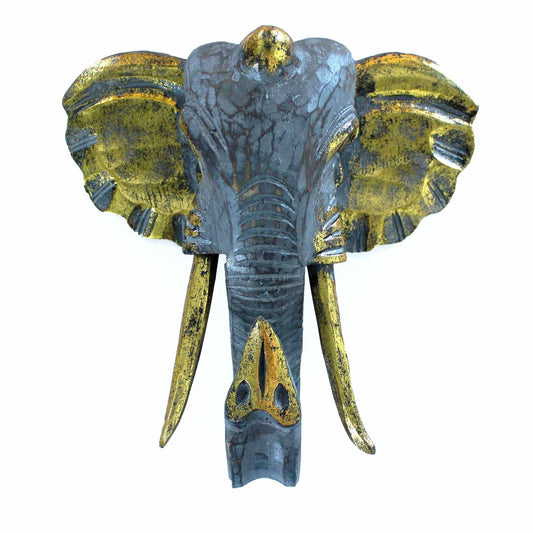 Large elephant head wall decor in gold and grey, sculptural statement accent for living room or office
