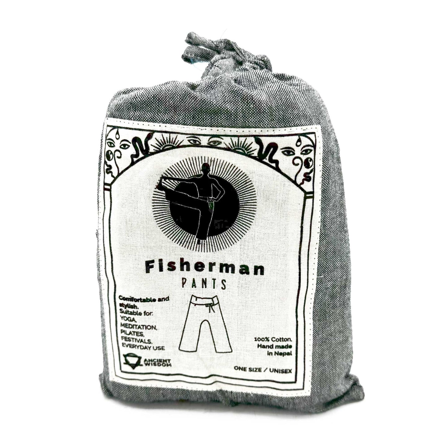 Yoga and Festival Pants – Thai Fisherman Mandala Mantra on Grey