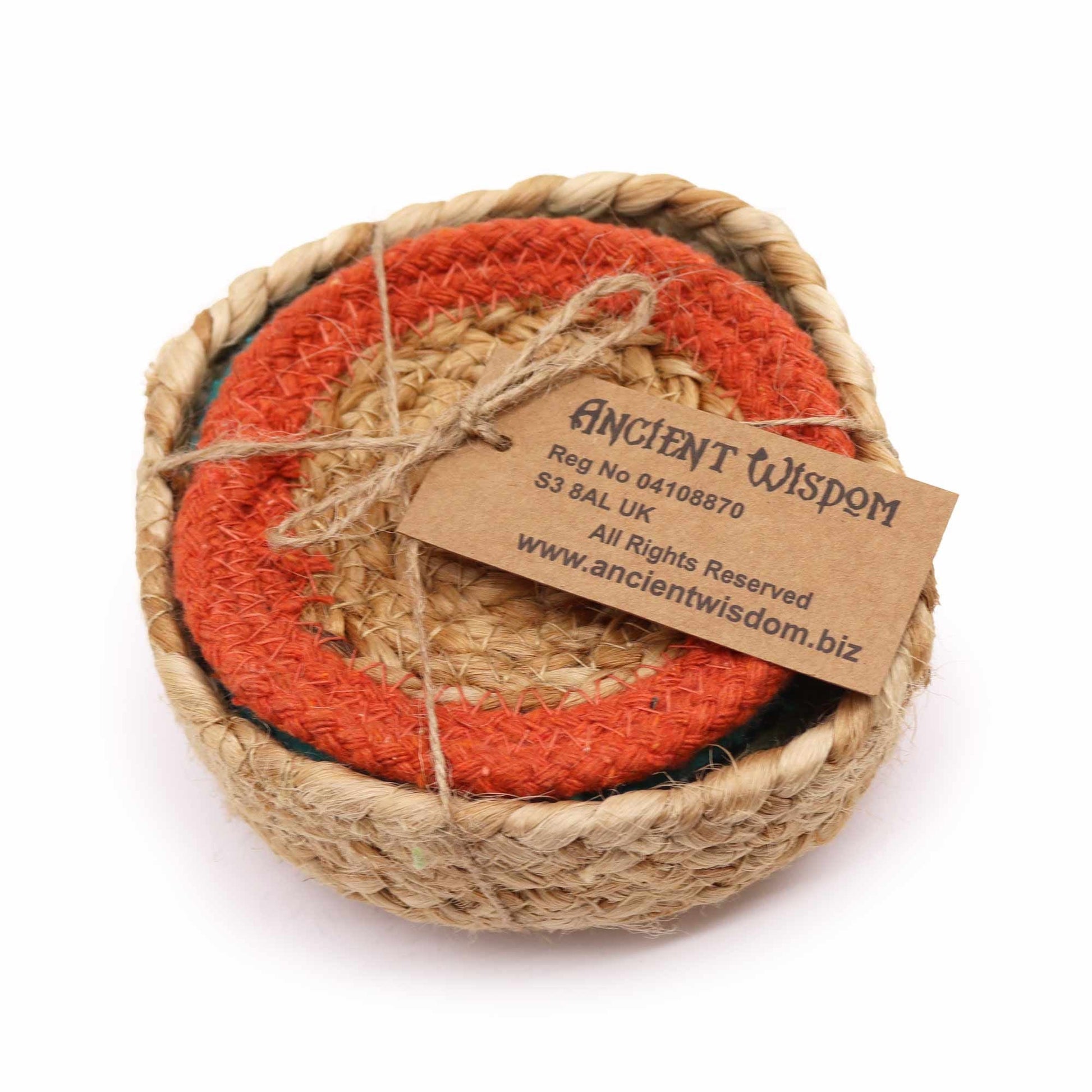 Set of 6 natural jute and cotton coasters, 10 cm round, boho multicolor woven drink mats for table protection