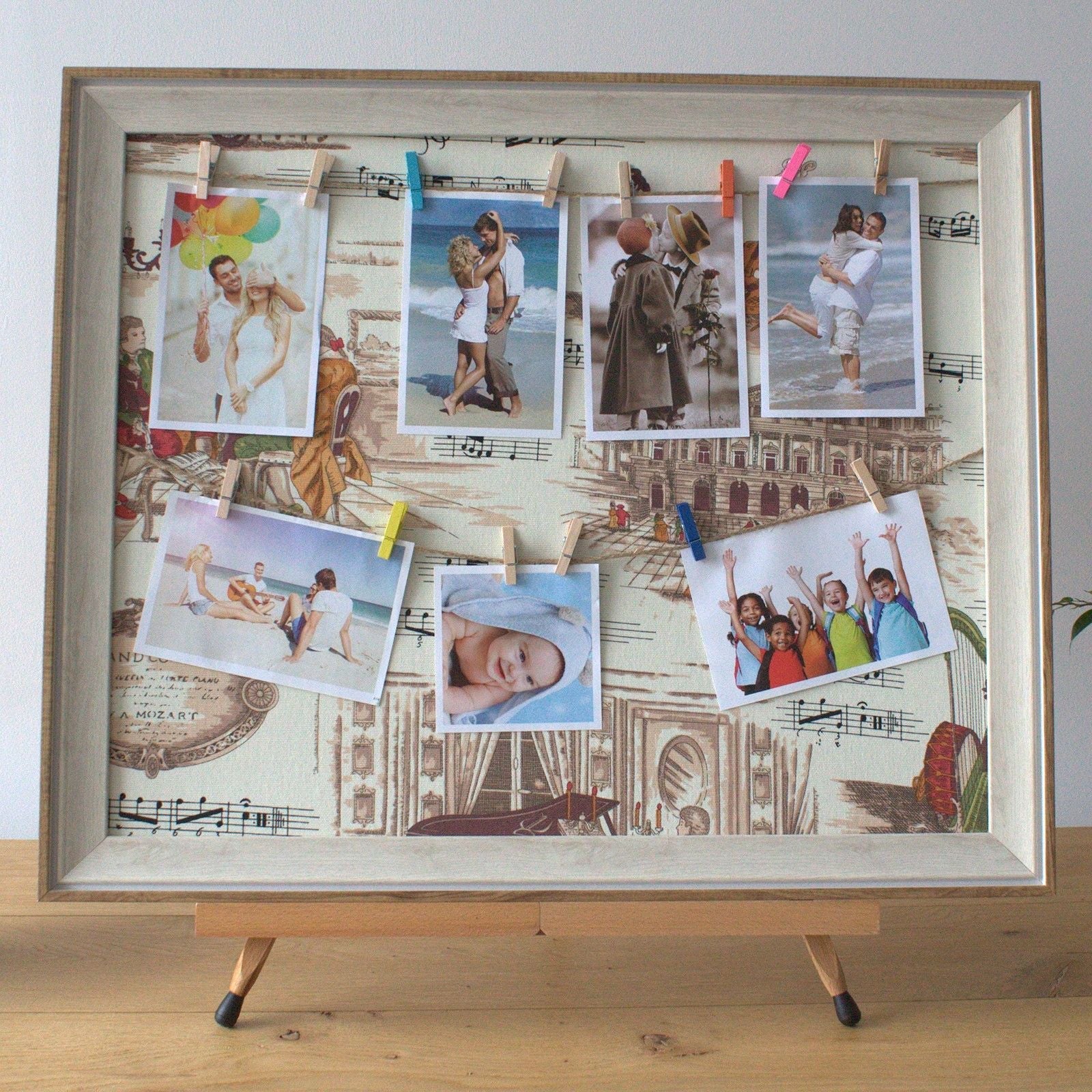 Wooden DIY peg photo frame 50x60 cm with jute cord and mini wooden clips, customizable wall display for photos