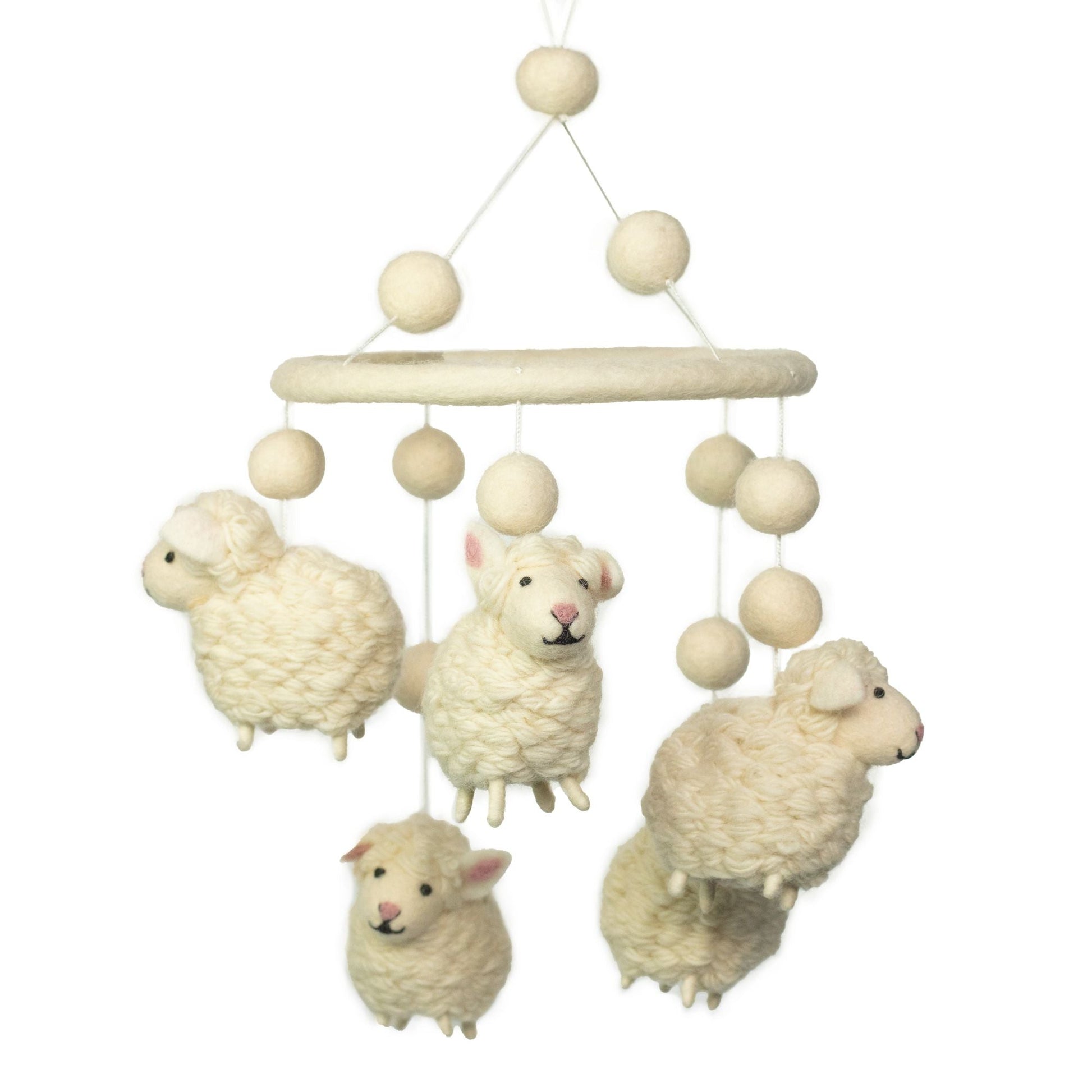 Handmade felt white sheep baby mobile hanging nursery decor above crib