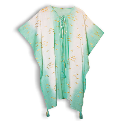 Nomad Sari Kaftan – White, Turquoise & Gold Fish Design