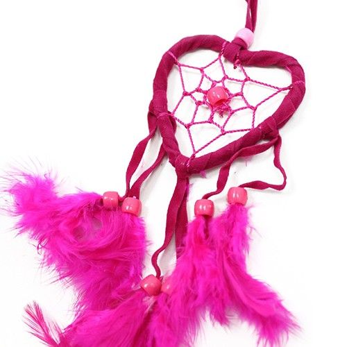 Small heart-shaped Bali dreamcatcher in turquoise, pink and purple with flowing strands, boho wall hanging decor