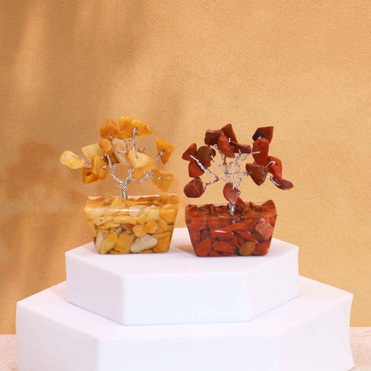 Assorted mini gemstone trees with wire branches and orgonite bases, set of 12, colorful crystal chip decor, 5 cm