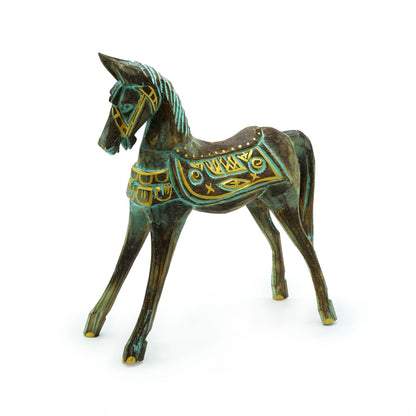 Medium 25 cm gold and turquoise horse figurine with decorative detailing