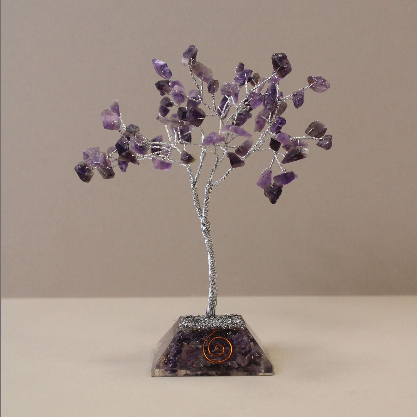 Amethyst gemstone tree with 80 purple chip stones on orgonite resin base, handmade crystal decor 15 cm